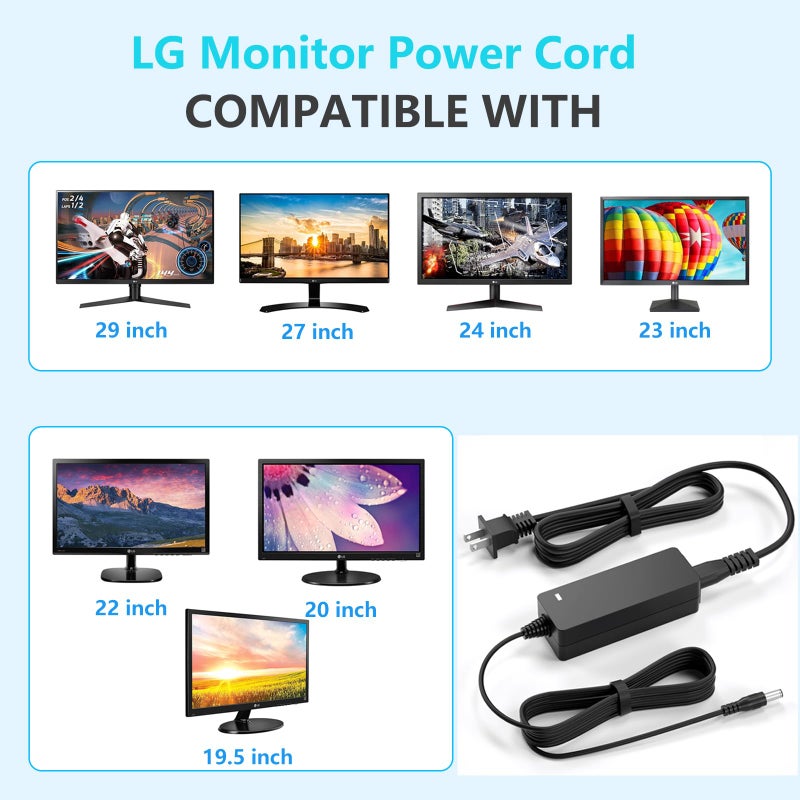 VHBW Replacment for LG Monitor Power Cord 19V DC Power Supply for LG Electronics 27" 24" 23" 22" 20" 19" LCD LED HD TV Monitor Widescreen Power Adapter Cord - Image 2